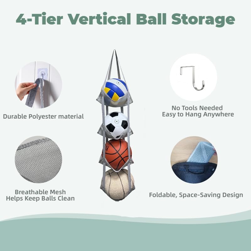 4-Tier Mesh Ball Storage Organizer, Basketball Holder for Garage, Sports Ball Storage for Basketballs, Toys and Snacks - Image 3
