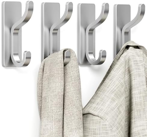 Adhesive Wall Hooks for Towel/Coat,13Lb Strong Stick-On Hooks,Silver 4 Pack by pickpiff