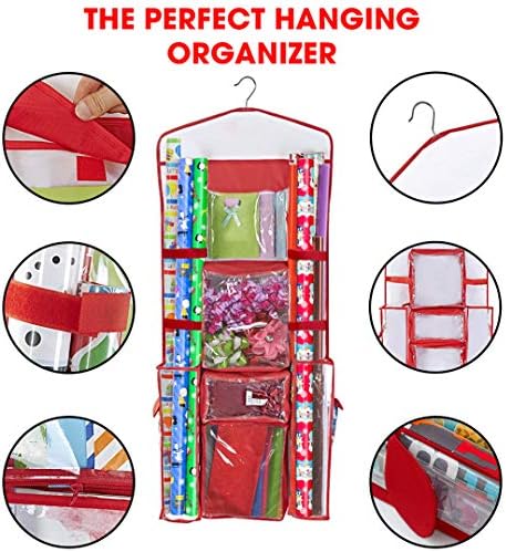 Wrapping Paper Storage Hanging | Gift Wrap Organizer Double Sided | Pockets for Gift Bags, Ribbon, Bows and Accessories | 40”x17” Fits 40 Inch Rolls | Clear PVC Bag (Red) - Image 3