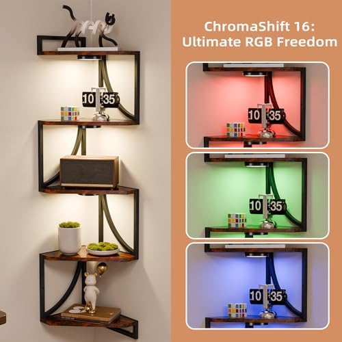HAAYOT Corner Shelf Wall Mounted with Lights, 5-Tier Floating Metal Shelves for Living Room, Bedroom, Rustic Brown - Image 3