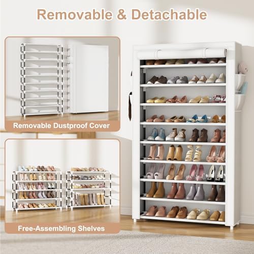 VILICK Shoe Rack with Cover Narrow Shoe Organizer with Pockets 10 Tier Tall Shoe Storage Holds 36-41 Pairs Shoes and Boots Shoe Rack for Closet Entryway Garage, White - Image 6