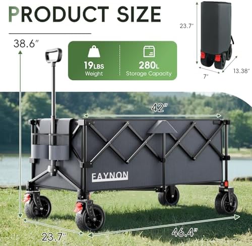 46" L Collapsible Foldable Extended Wagon, 500LB Weight Capacity with 280L Heavy Duty Folding Cart,Utility Wagon with All-Terrain Beach Wheel & Drink Holders,Gray - Image 2