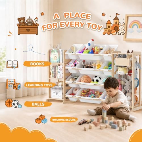 Toy Storage Organizer with Stuffed Animal Storage, Playroom Toy Organizer with 12 Toy Bins for Bricks, Toy Holder for Toddler Rooms, Playrooms, Bedrooms - Image 5