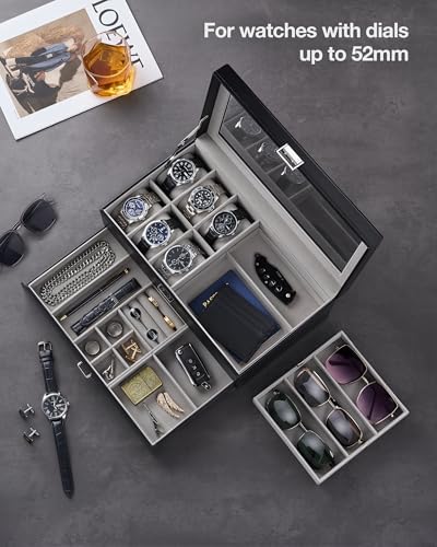 ProCase Mens Jewelry Box, 6 Slot Watch Box & 3 Slot Sunglass Holder -Black - Image 2