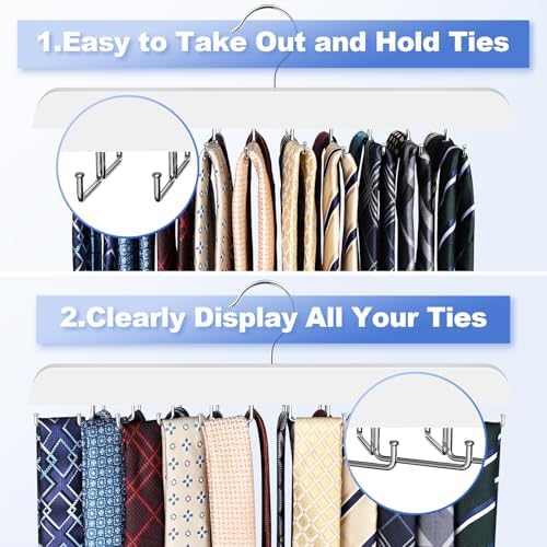 RESOVO Upgraded Tie Rack Hanger with 20 Foldable Metal Hooks, Space Saving Necktie Organizer for Men – Large Capacity Tie and Belt Wooden Hanger for Closet - White - Image 3