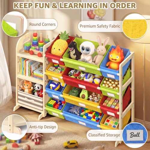 Toy Storage Organizer with 3 Shelves and 12 Bins, Bookshelf/Bookcase, Kids Bin Shelf, Toys Box for Playroom Organization for Bedroom & Room, 47.4" W (Four-color) - Image 5