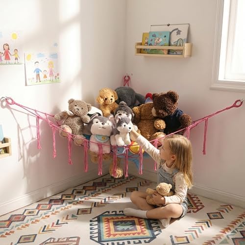 YKBU Stuffed Animals Hammock Corner Hanging Net with Tassel Macrame Stuffed Animal Storage Plush Toy Holder Toy Organizer for Boho Nursery Playroom Bedroom Kids Room (pink, large) by YKBU