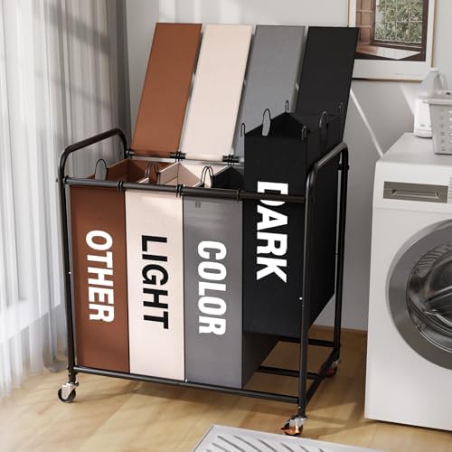 180L Laundry Sorter 4 Section with Lockable Wheels and Lid Multicolor by YKDIRECT