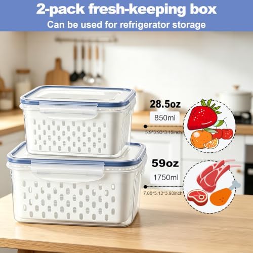 2 PCS Fruit Storage Containers for Fridge with Removable Colander, Leakproof Airtight Food Saver, Plastic Storage Organizer for Berry, Vegetable, Meat - Image 3