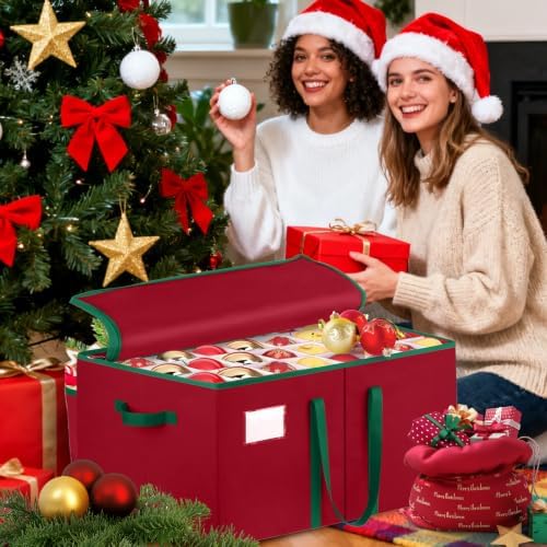 SeasonBliss Christmas Ornament Storage Box, Large Holds 128 Balls, Red - Image 7