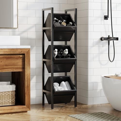 LITTLE TREE 3-Tier Basket Stand, Wooden Floor Stand Shelving Unit, Rustic Standing Organizer Storage Rack for Kitchen, Bathroom, Living Room (Black) - Image 5