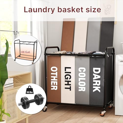 180L Laundry Sorter 4 Section with Lockable Wheels and Lid Multicolor - Image 3