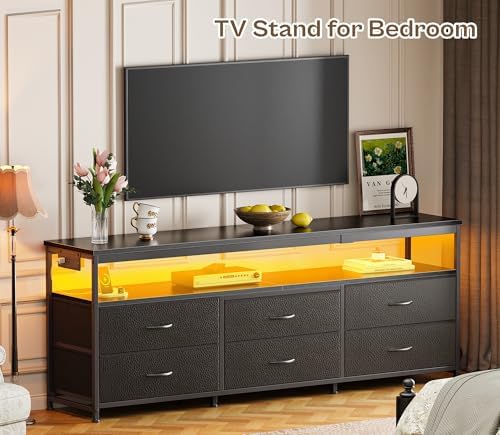 Huuger 63 Inch TV Stand for 55, 65, 70 Inch TV, Long Dresser TV Stand for Bedroom, Black LED TV Stand with Power Outlets, Fabric Drawer Dresser with Storage, Entertainment Center for Living Room - Image 3
