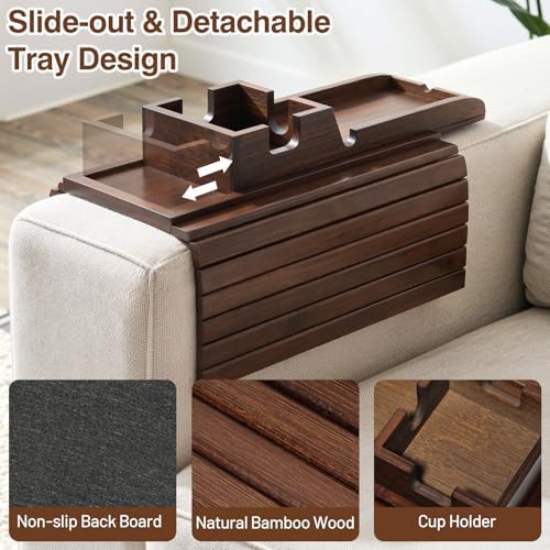 Couch Arm Tray, Bamboo Sofa Tray Table for Couch, Anti-Slip Armrest Organizer, 2-in-1 Split Design Fits Most Sofa Arms, Foldable Couch Cup Holder for Snacks, Phone, Control, Cups, Brown - Image 6