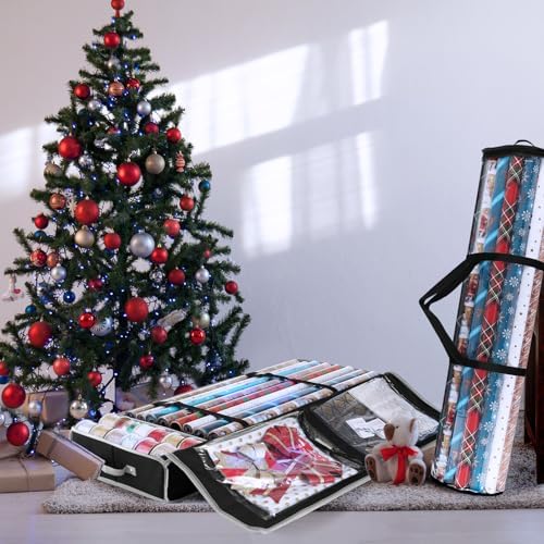 Hearth & Harbor Wrapping Paper Storage Container and Clear Wrap Paper Holder - Christmas Storage Bag with Interior Pockets - Fits Up to 36 Rolls of 40" - Tear Proof, Black - Image 2