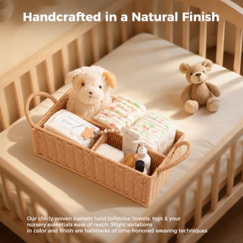 Diaper Caddy Organizer, Hand Rattan Nursery Baby Basket Changing Table Organizer for Baby Essentials, Baby Shower Gifts, Versatile Shelf Basket Bathroom/Kitchen Organizer (Blush Beige, L) - Image 2