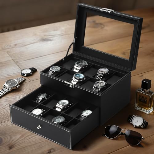 Kukikan Mens Watch Box Jewelry Organizer, 2-Layer 20-Slot Watch Case -Black - Image 5