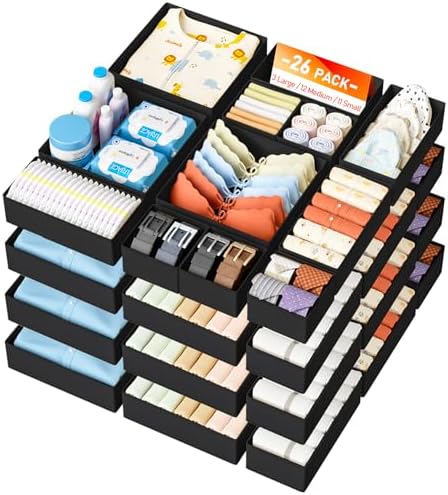 DIMJ Drawer Organizer Clothes 26 Pack - Foldable Baby Organizers and Storage & Closet Organizers for Bedroom, Closet - Nursery Organization Dresser Dividers for underwear, Sock,Bra, Belt, Tie,Black by DiMJ