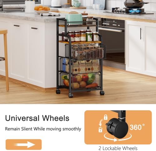 Yociyoga Fruit Vegetable Storage Cart, Kitchen Rolling Cart with Wheels, 4 Tier Pantry Organizer and Storage Cart with Drawer, Wooden Top Kitchen Organizer Rack Stand for Onion Potato Can Snack - Image 4