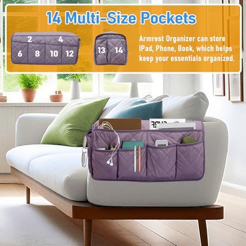 Armchair Caddy for Recliner, Non-Slip Recliner Pocket Organizer, Remote Holder for Recliners, Sofa Armrest Organizer, Couch Caddy with 14 Pockets Storage for TV Remote, Phone, Magazine (Purple) - Image 3