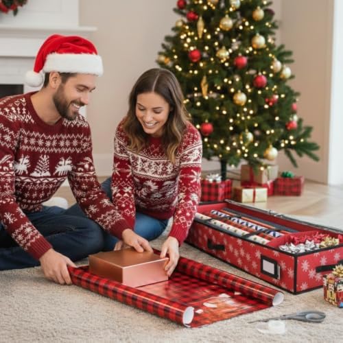 HOLDN’ STORAGE Premium Wrapping Paper Storage Container, Red w/Snowflakes - Image 2
