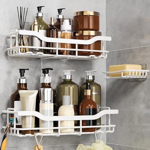 OMAIRA 3-Pack Shower Caddy with Soap Holder, Adhesive Rustproof No-drill Strudy Loading Inside Shower Organizer Shelves Rack Storage Bathroom Organization for Smooth Wall Glass Tile, White (XX-Large) - Image 2