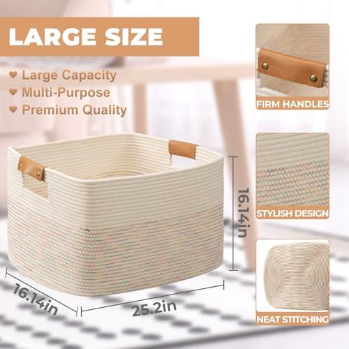 danpinera 108L Large Basket for Living Room, Boho Decorative Basket Organizing with Handles, Cotton Rope Storage for Toys, Pillows, Clothes, 25’’*16’’*16’’ Rainbow - Image 2