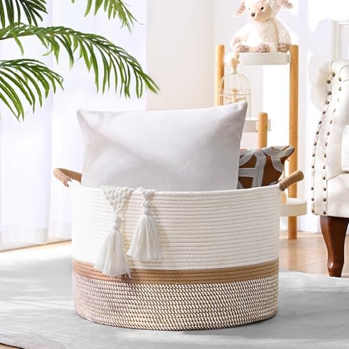 67L Large Blanket Basket, 20"x13" Woven Storage Baskets With Handle, Cotton Rope Blanket Basket Living Room, Baby Laundry hamper for Blanket, Nursery, Toy, Pillow (White & Brown) - Image 3