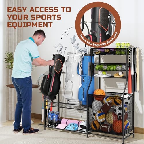 Garage Sports Equipment Organizer,3 Golf Bags Storage Stand,Heavy-Duty Ball Storage Rack with Basket and Hooks,Space-Saving Design for Toy Sports Gear Storage Indoor/Outdoor Use - Image 4