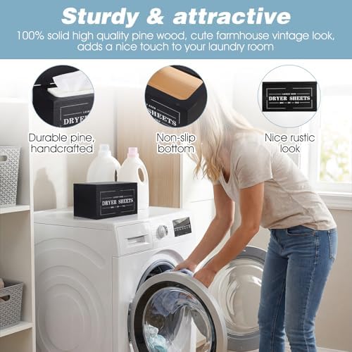 Wooden Dryer Sheet Dispenser with Lid - Black Rustic Farmhouse Laundry Room Organization & Storage Container for Fabric Softener Sheets - Image 3