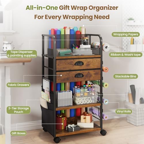 Wrapping Paper Storage Cart with 2 Fabric Drawers, Side Pockets and Hooks - Image 4