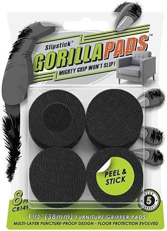 Slipstick GorillaPads CB149 Non-Slip Furniture Pads/Rubber Grippers (Set of 8) Self-Adhesive Furniture Feet Floor Protectors, 1-1/2 inch Round, Black by Slipstick