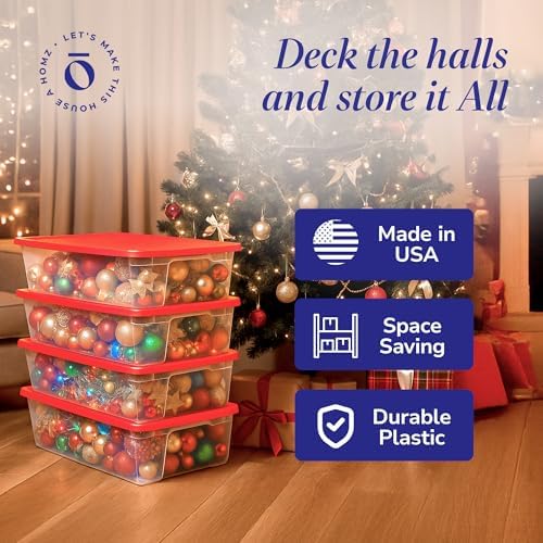 HOMZ Holiday Tote Plastic Storage Bin with Lid, 41 Qt, Clear/Red, 4 Pack - Image 5