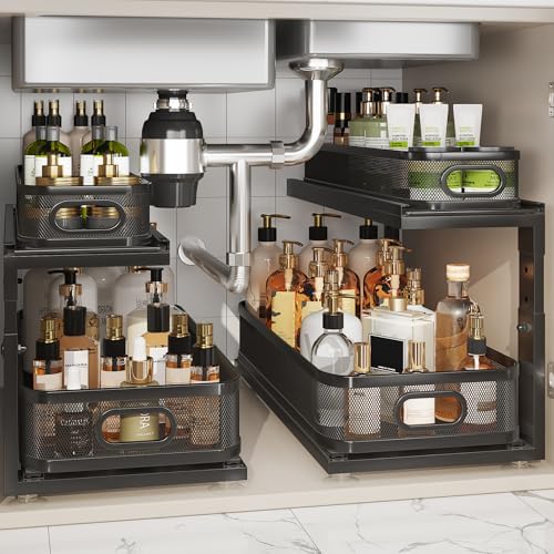 2 Pack 21IN-Depth Under Sink Organizer With Next-Gen Ball-Bearing Slides,2-Tier Precision Mesh Pull Out Cabinet Storage for Bathroom&Kitchen,Height Adjustable Drawers Shelf,Anti-rust-Black by Corbyles