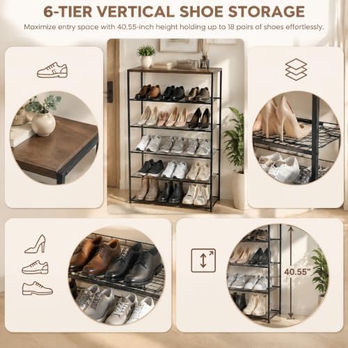 HOMEFORT 6 Tiers Shoe Rack Organizer,23" Shoe Storage Shelf for Closet, Shoe Rack for Entryway, Each Tier Fits 3 Pairs, Shoe Stand with Metal Shelves and MDF Top Board, Walnut - Image 7