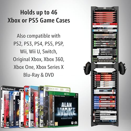 ADZ Universal Game Holder – 46 Game Storage Tower Rack for PS2 PS3 PS4 PS5 PSP Xbox 360 Xbox One Series X Wii Switch Games DVD and Blu-Ray Disks. Includes 2 Controller Mounts (Black) - Image 4