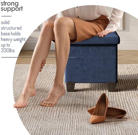 Storage Ottoman Cube with Small Bin, 15-in Square Ottoman with Storage for Living Room and Bedroom, Small Ottomans Foot Rest, Velvet Foot Stools Ottomans Max 330lbs, Blue - Image 6