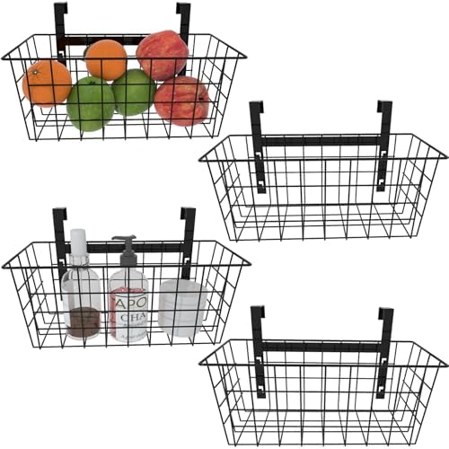 MaraFansie Basket with Hook, Grid Storage Basket, Over the Cabinet Door Organizer, Wire Hanging Basket with Hook Over the Railing, Under Sink Kitchen Cabinet, Pantry, Bathroom, Black, 4 Pack by MakeStorageMoreFun