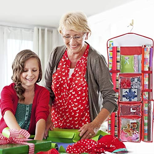 ProPik Hanging Double Sided Wrapping Paper Storage Organizer With Multiple Pockets Organize Your Gift Wrap, Gift Bags Bows Ribbons 40"X17" Fits 40 Inch Rolls Clear PVC Bag (Red) - Image 3