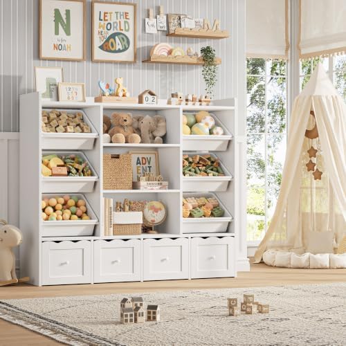 HITHOS 55" W Kids Toy Storage Organizer with 10 Toy Box & Book Shelf, White by HITHOS