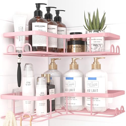 Sakugi Corner Shower Caddy - 2 Pack, Adhesive Shower Organizers, Rustproof Stainless Steel Shower Shelves with 8 Hooks, No Drilling Bathroom Organizers and Storage Racks, Space-Saving, Pink, Large by Sakugi