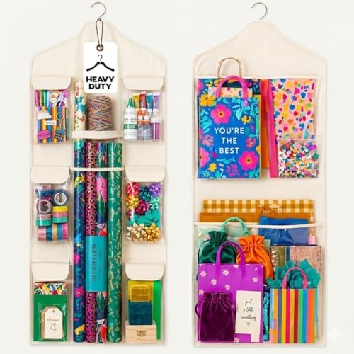 Wrapping Paper Organizer Storage – Double-Sided Hanging Gift Wrap Holder with Wooden Hanger – Over the Door or Closet Storage for Gift Bags with Pockets – For Christmas, Birthdays & Special Occasions. by Unknown