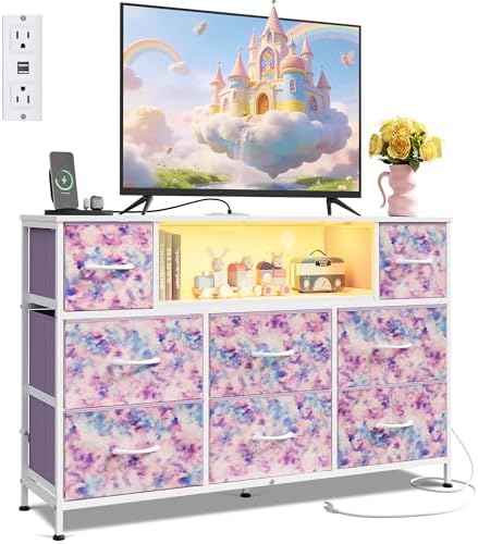 WLIVE LED Dresser TV Stand for 55 Inch TV, 8 Fabric Drawers, Tie-Dye by WLIVE