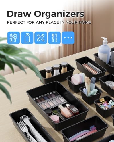 BiuLeon 25 PCS Plastic Drawer Organizers Set, 4-Sizes Vanity and Makeup Organizer, Desk and bathroom Drawer Organizer Trays, Organizers and Storage for Makeup, Jewelry, Gadgets, Utensils (Black) - Image 3