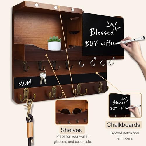 Key Holder Wall Mount with Shelf, Key Hooks for Wall, Brown - Image 6
