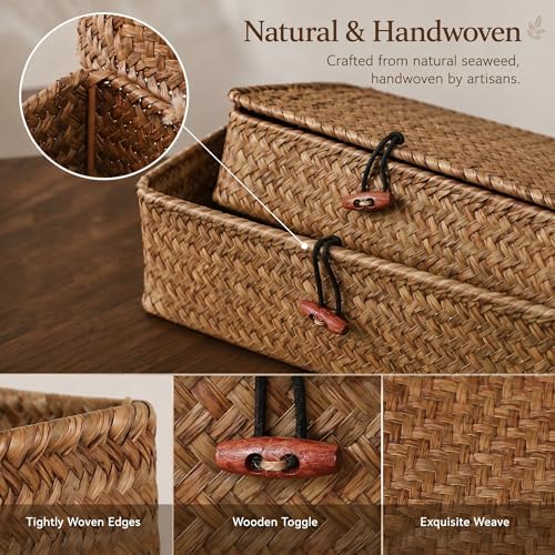 YANGQIHOME Set of 2 Seagrass Baskets with Lids, Rectangular Woven Storage Baskets, Natural Wicker Basket Boxes for Coffee Table, Shelf, Bathroom Counter & Closet Decor (Coffee, Set of 2) - Image 3
