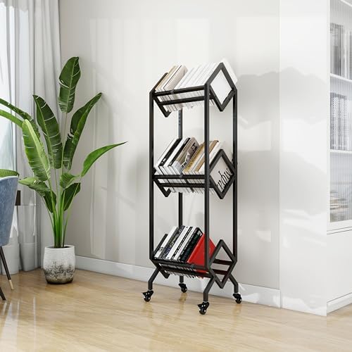 VENNQD Bookshelf Book Cart Rack Industrial Metal Bookcase 3 Tier Holder with Wheels Modern Stylish Design Magazines Files Album Recipe Book Storage Organizer for Sofa End Bed Beside (3 Tier) - Image 2