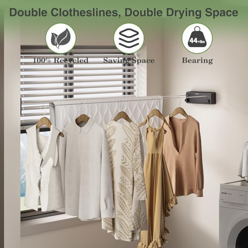 Danpoo Retractable Clothesline Outdoor Heavy Duty, 2x13.8ft Stainless Steel Double Clothes Line for Outdoors - for Patio/Backyard/RV Wall Mounting(Black) - Image 2