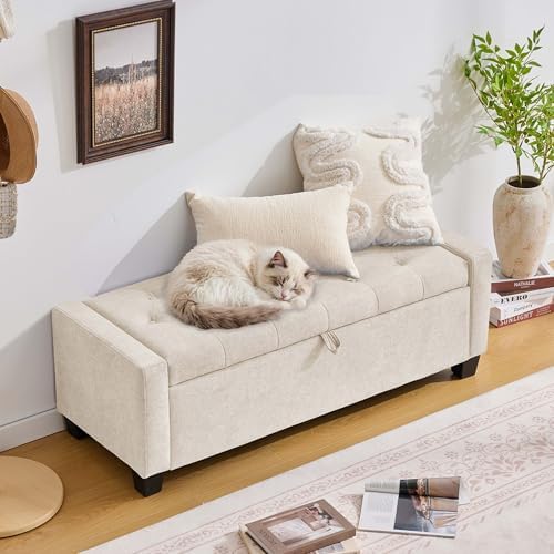 Huatean Home 43" Ottoman with Storage, Beige Storage Ottoman Bench - Image 4