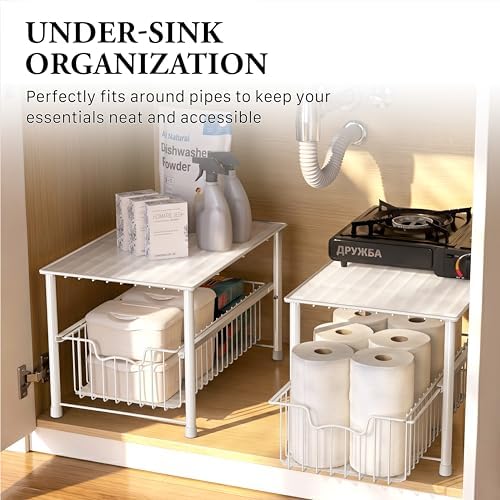 Simple Houseware Wired Stackable Under Sink Cabinet Sliding Basket, White - Image 6